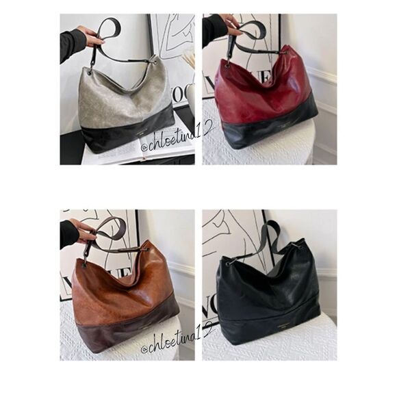 New Hobo Handbags for Women Vegan Leather Contrast Colors Top Handle Satchel Bag - Picture 3 of 16